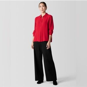 Eileen Fisher 100% Silk Red Button Up Long Sleeve Blouse Shirt F24 Size L EE31